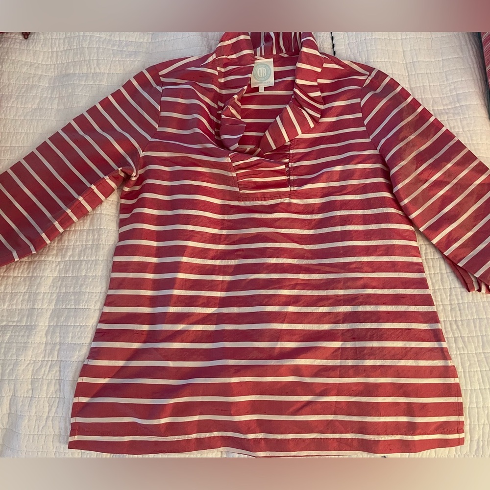 Devon Baer Red white striped Ruffle Silk Blouse Size Small